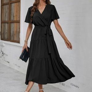 Boho butterfly sleeve ruffle hem belted dress